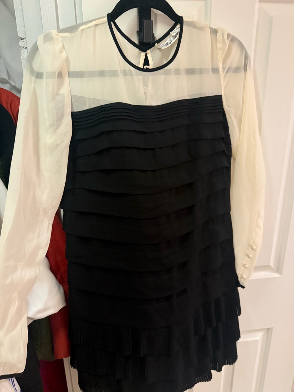 Eliza J Black Layered Chiffon Dress with Ivory Sheer Sleeves